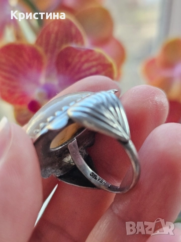 Старинен сребърен пръстен с Ахат, снимка 5 - Пръстени - 52378693