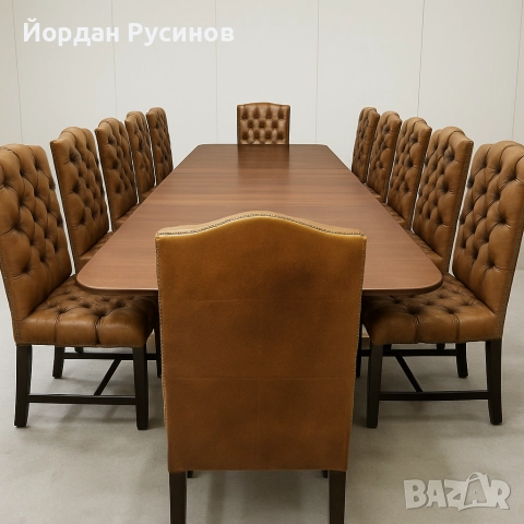 Оригинален луксозен комплект 12 Chesterfield стола с маса от махагон