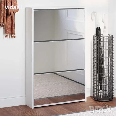 vidaXL Шкаф за обувки с огледало, 3-слоен, бял, висок гланц, 63x17x102,5 см, снимка 2 - Шкафове - 56147079