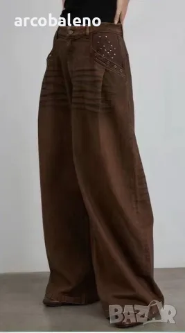 Дамски широки кафяви дънки (Baggy Jeans) с ефект на измиване (sandblast) , снимка 5 - Дънки - 50154490