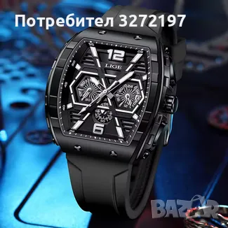 LIGE Кварцов ръчен часовник,Водоустойчив спортен часовник,Силиконова каишка,Хронограф, снимка 2 - Мъжки - 48425731