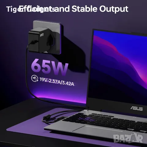 NEUE DAWN 65W GaN зарядно за ASUS VivoBook и ZenBook 13/14 с 4 конектора, снимка 6 - Части за лаптопи - 56073203