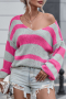 Дамски пуловер на райе в розово и сиво