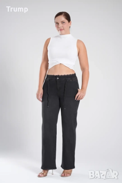 Ефектни ластични дънки с дантела в талията, чват черен, снимка 1