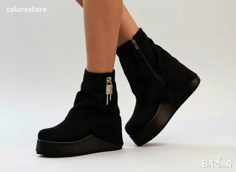 Боти на платформа - черен велур - DHG55 , снимка 1