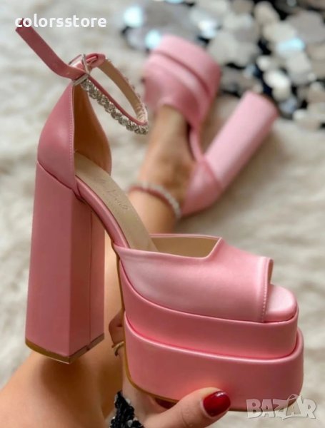 Сандали на ток - розов сатен - VS2, снимка 1