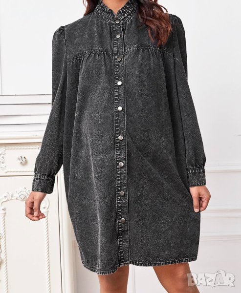 Макси модерна дънкова рокля с метални копчета в изтъркано черно, снимка 1