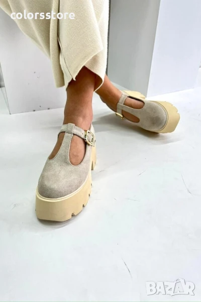 Обувки на платформа - бежов велур - VS59 , снимка 1