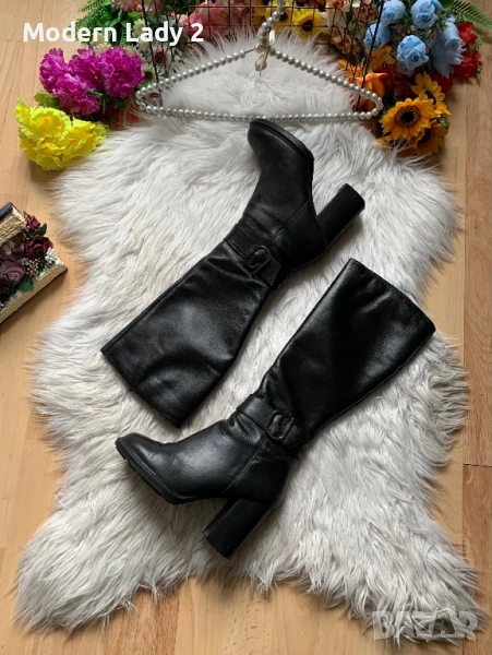 Кожени ботуши с дебел ток, снимка 1