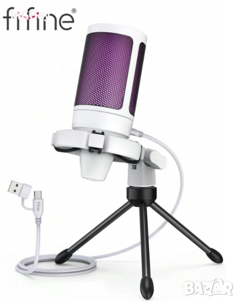 Mикрофон FIFINE A2 с RGB подсветка + стойка, USB Type-C, Бял, снимка 1