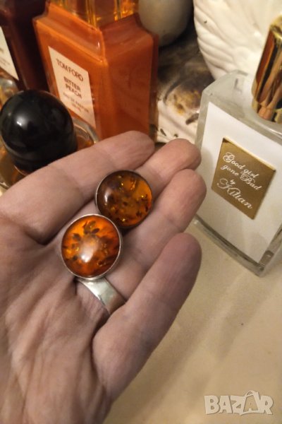 Ретро сребърни обеци естествен кехлибар на клипс   , снимка 1