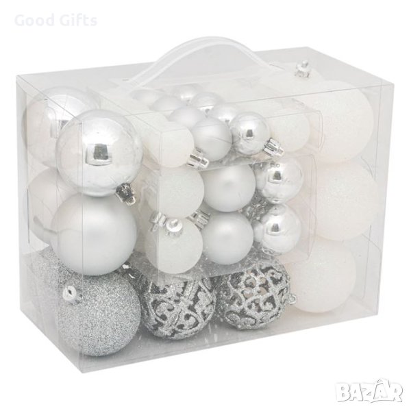 50 броя Комплект коледни топки, Сребристобели в 3 размера, снимка 1