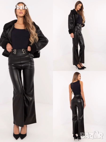 Дамски черен панталон от еко кожа с декоративни презрамки, снимка 1