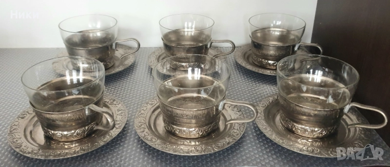 Чаши за кафе и чай в метален държач, снимка 1