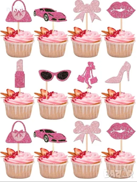 16 бр сет Барби момиче мода грим козметика брокатени топери за мъфини кексчета, снимка 1