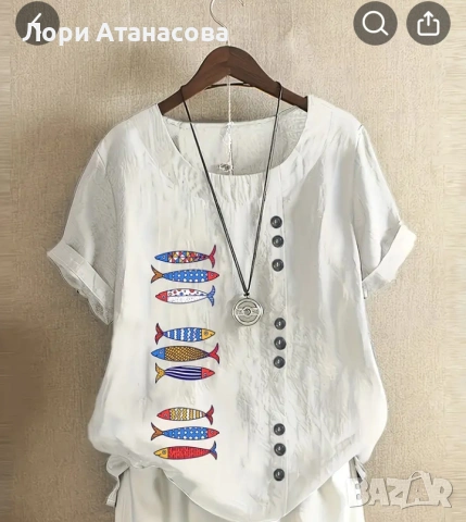 Дамска ежедневна блуза с къс ръкав и цветен принт на риби, снимка 3 - Ризи - 53491308