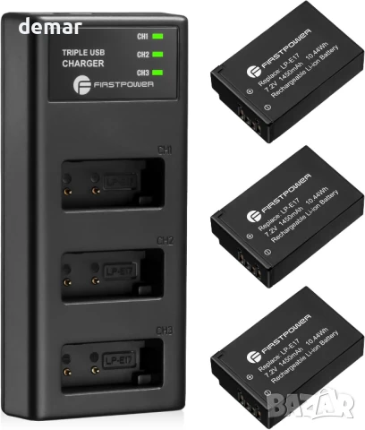 FirstPower комплект от 3 батерии LP-E17 и зарядно устройство с три слота за Canon, снимка 1