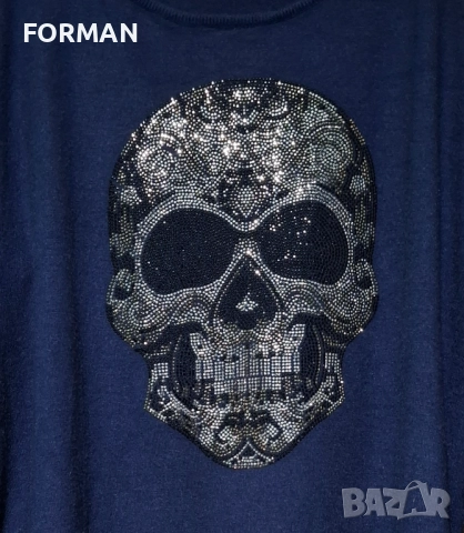 Тъмносиня блуза от фино плетиво с череп от сребристи камъчета, снимка 2 - Блузи с дълъг ръкав и пуловери - 52926348