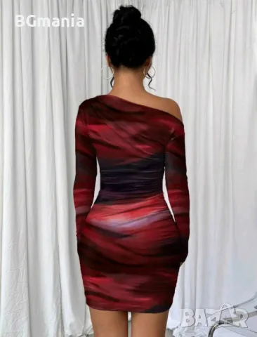 Къса рокля размер М едно рамо дълъг ръкав еластична, снимка 2 - Рокли - 48968445