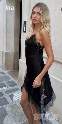 Рокля черна сатенена с дантела, снимка 2 - Рокли - 52192879