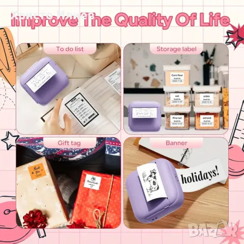 Термо принтер мини принтер за смартфон с 15 ролки хартия торбичка фулмастри - Бял Зелен Лилав, снимка 5 - Други - 50004428