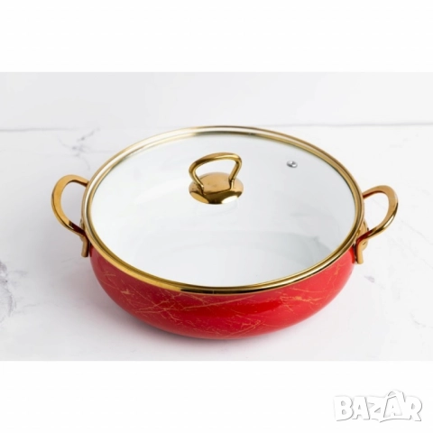 Тенджера Goldmann, Плитка, Емайл, Индукция, Червен/Старо злато, снимка 5 - Съдове за готвене - 52142460