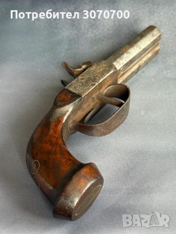 Уникален стар двуцевен пищов, сребърни набивки