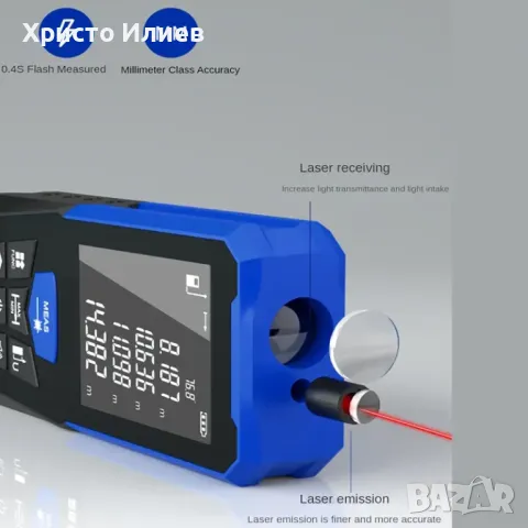 Лазерна ролетка измерване на ъгъл Електронна дигитална с дисплей 100м обхват далекомер рулетка, снимка 6 - Измервателни инструменти - 49097468