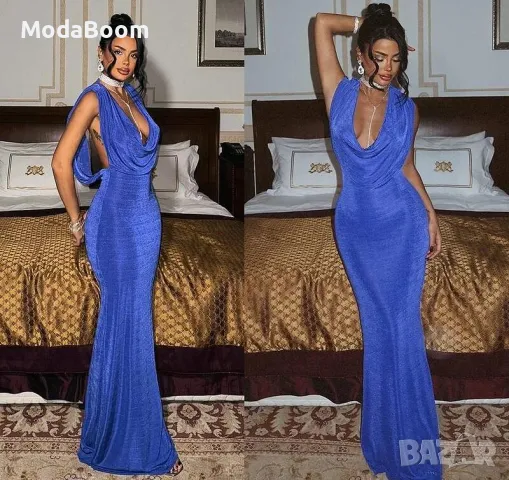 Синя рокля с цепка, гол гръб и обло деколте, класически дизайн, снимка 2 - Рокли - 48355037