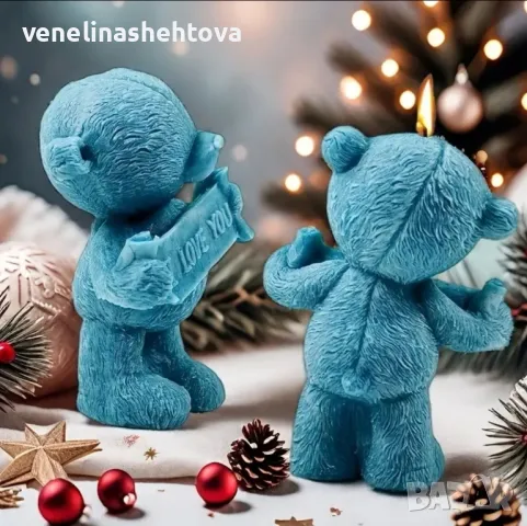 3D 2 модела Обичам те Мече държи надпис" I love you" Силиконов молд за свещи гипс сапун , снимка 2 - Форми - 48227832