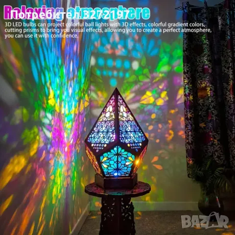 3D Дървена Бохемска Прожекционна Нощна Лампа,LED Цветни Диамантени Светлини, снимка 3 - Настолни лампи - 47982631