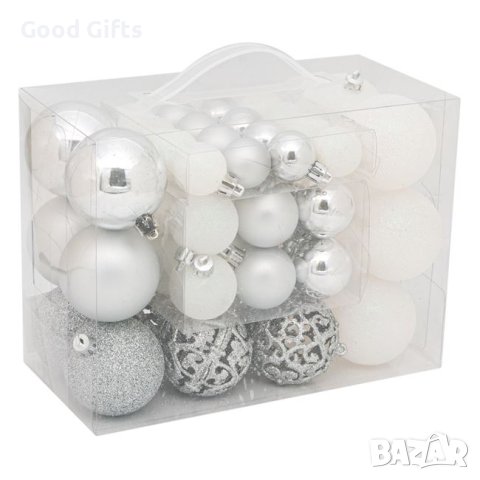 50 броя Комплект коледни топки, Сребристобели в 3 размера