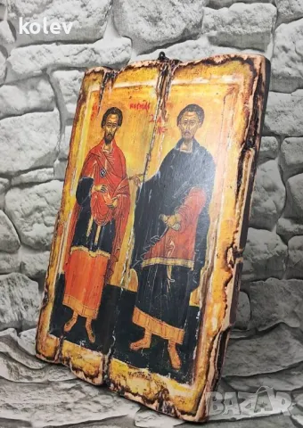 Реплика на старинна икона Свети бесребърници Козма и Дамян 25/18 см, снимка 2 - Икони - 49561172