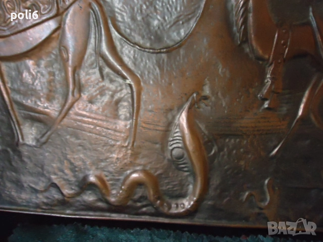 стара медна картина - камили,звънци,змия,пустиня, снимка 5 - Антикварни и старинни предмети - 52589778
