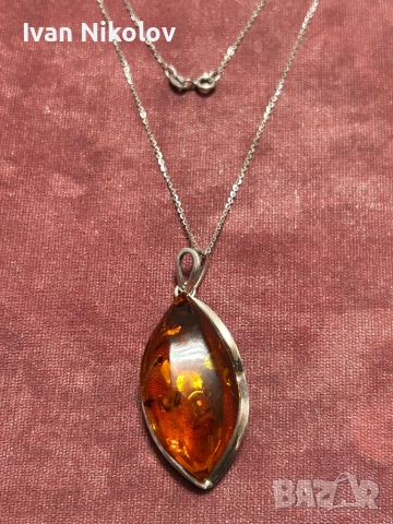 Сребърно колие кехлибар, снимка 4 - Колиета, медальони, синджири - 52879737