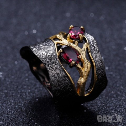 Пръстен с червен гранат, родиран, снимка 2 - Пръстени - 42531099