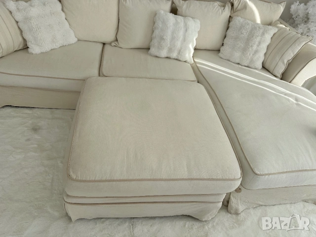 Ъглов диван от гъши пух с лежанка и табуретка Martineli, снимка 7 - Дивани и мека мебел - 53616515