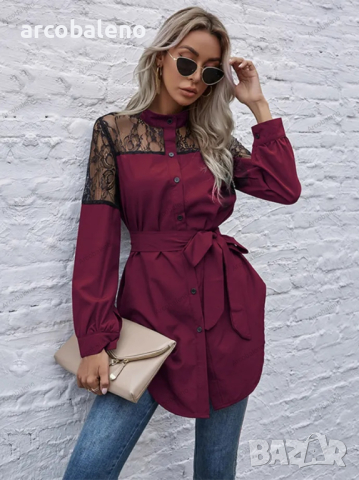 Дълга кръгла яка, дълги ръкави и талия, дамска дантелена риза, 4цвята , снимка 12 - Ризи - 44784483