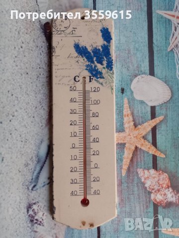 дървен ретро термометър от Португалия Със сини цветя
