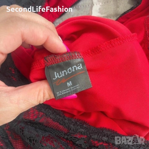Уникална рокля от вискозна дантела Junona, салса червено-черна размер M със златен колан, снимка 3 - Рокли - 53221758