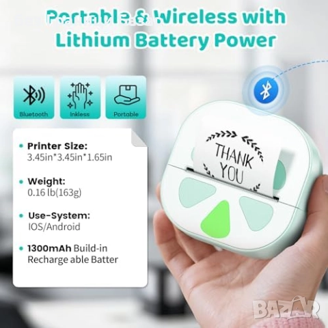 Нов Инклес Преносим Bluetooth термопринтер за стикери + 3 ролки хартия, снимка 2 - Друга електроника - 52478081