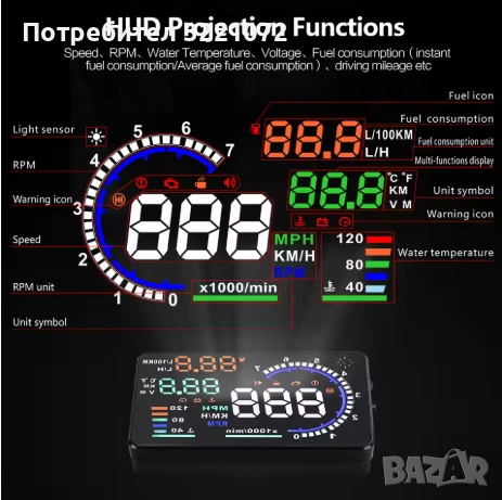 Многофункционален Headup Display (HUD), OBD2, модел А8 (хедъп дисплей), снимка 3 - Аксесоари и консумативи - 53238523
