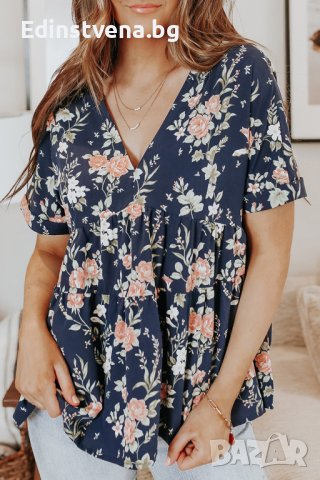 Дамска блуза с къс ръкав и флорален принт, снимка 1 - Корсети, бюстиета, топове - 40526207