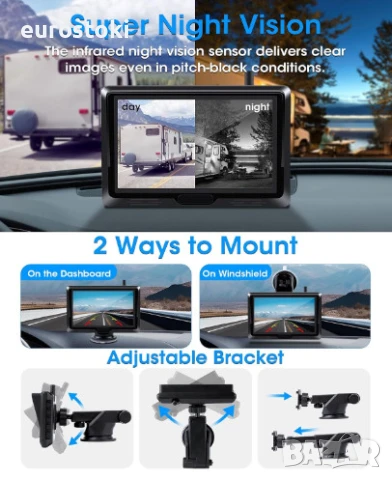 VTOPEK магнитна соларна камера за заден ход с монитор, автомобилна задна камера, снимка 7 - Аксесоари и консумативи - 51345195