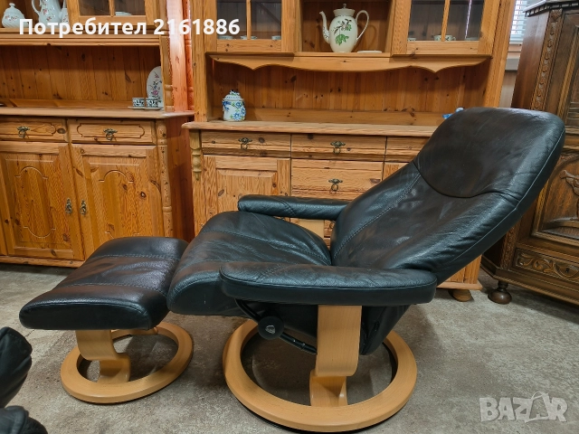 Relax кресло с отоманка от естествена кожа , снимка 2 - Дивани и мека мебел - 52885646