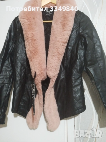 Кожено яке с розов пух, снимка 2 - Якета - 52189602