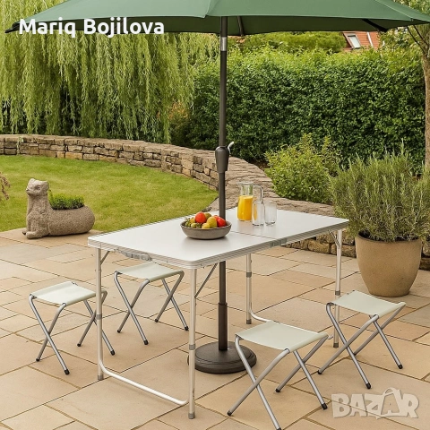 Комплект сгъваема алуминиева маса с 4 стола – идеален за къмпинг, двор и почивка, снимка 2 - Къмпинг мебели - 53297716