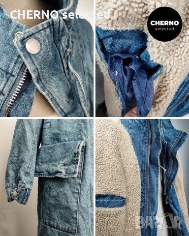 Дълго деним яке тип парка с шерпа подплата и качулка ZARA Denim Sherpa Hooded Longline Jacket – L•XL, снимка 15 - Якета - 53669998