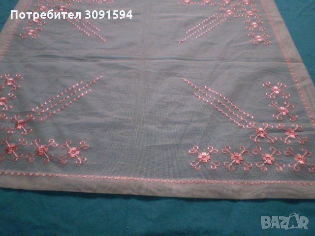  РЕТРО РЪЧНО БРОДИРАНО КАРЕ НА ТЮЛ С РОЗОВИ КОПРИНЕНИ КОНЦИ, снимка 4 - Аксесоари за кухня - 34442135