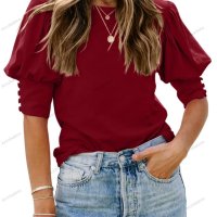 Едноцветна дамска блуза с буф ръкав, 6цвята - 023, снимка 2 - Блузи с дълъг ръкав и пуловери - 42126955